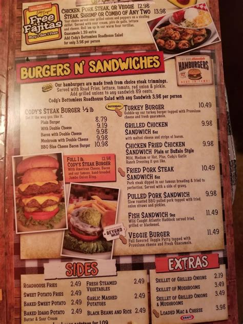 cody's roadhouse menu with prices.